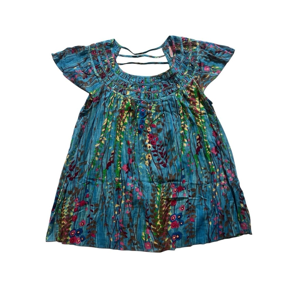 Free People XS Blue Floral Expose Back Tunic Festival Top Size L 100% Cotton